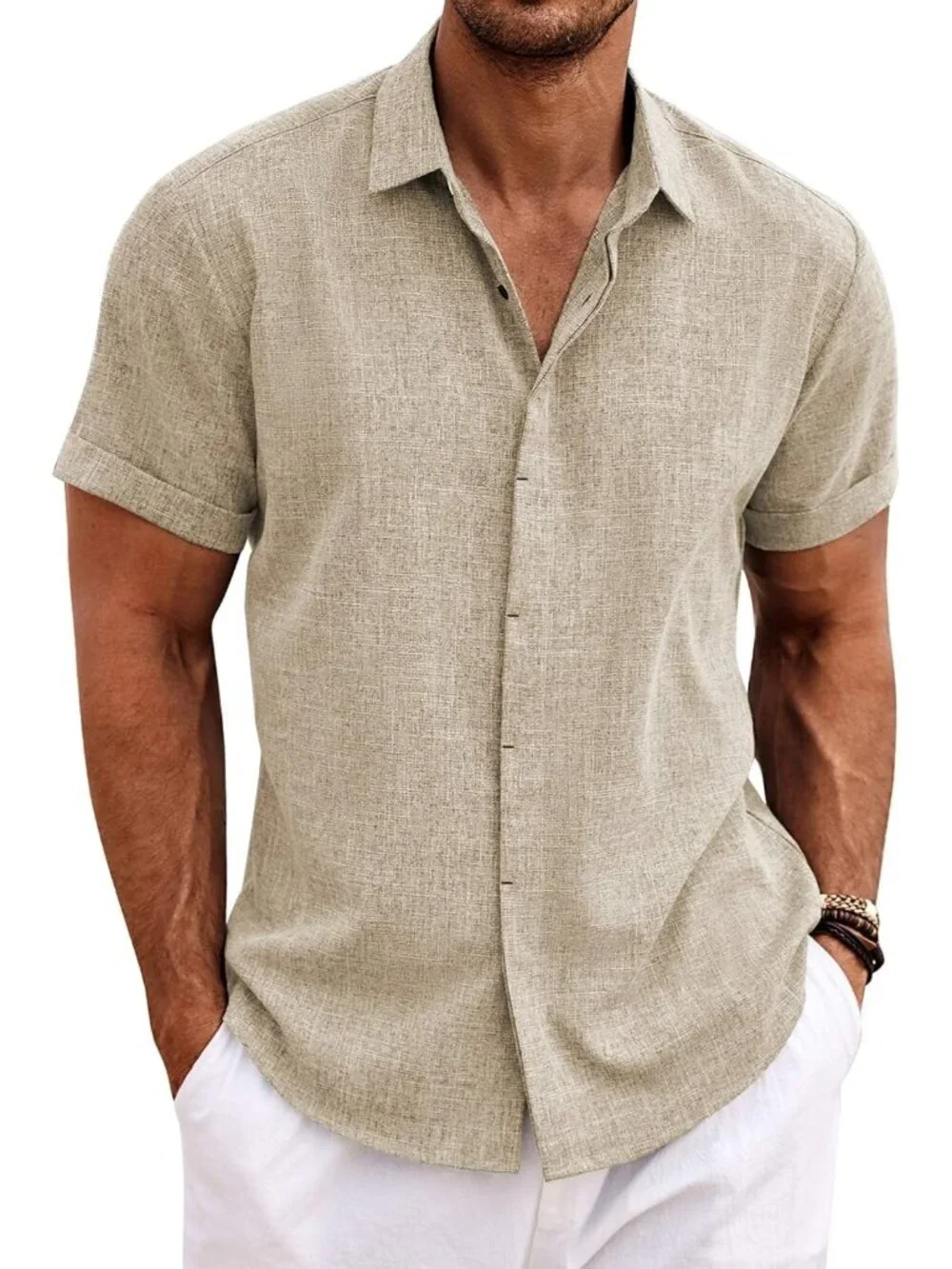 Men's Khaki Beach Linen Short Sleeve Casual Shirts Button Down